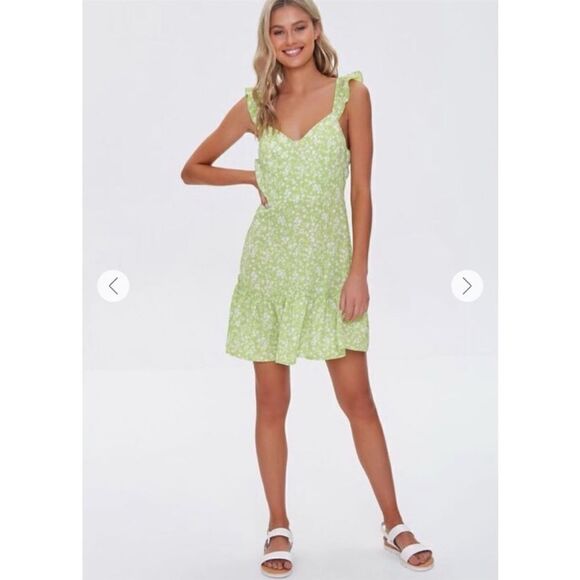 New with tags Forever 21 Dress Flounce Lime Green/white floral size M - Picture 3 of 9